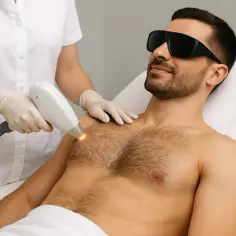 Mężczyzna w okularach ochronnych poddaje się zabiegowi depilacji laserowej klatki piersiowej.
