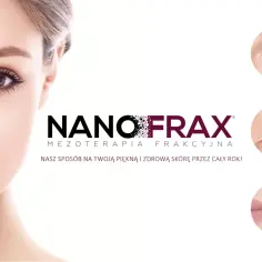 Twarz kobiety, logo Nanofrax, zbliżenia oka, nosa i ust. Nanofrax - mezoterapia frakcyjna dla pięknej i zdrowej skóry.