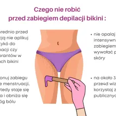 Ilustracja przedstawia przygotowanie do zabiegu depilacji bikini. Unikaj kosmetyków, opalania i basenów przed depilacją.