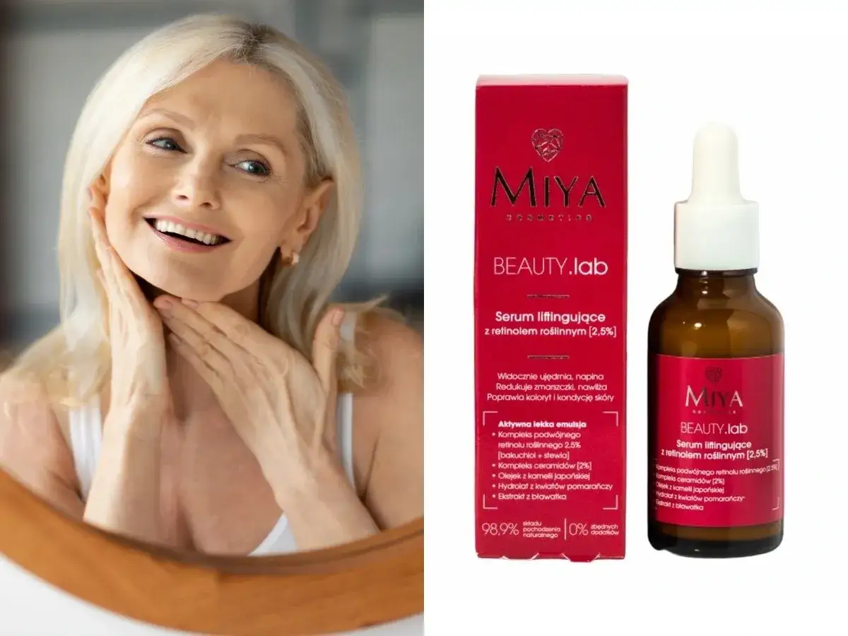 Uśmiechnięta kobieta dotyka szyi, gdzie widoczne są zmarszczki. Obok serum Miya Beauty.lab z retinolem roślinnym, które obiecuje redukcję zmarszczek.